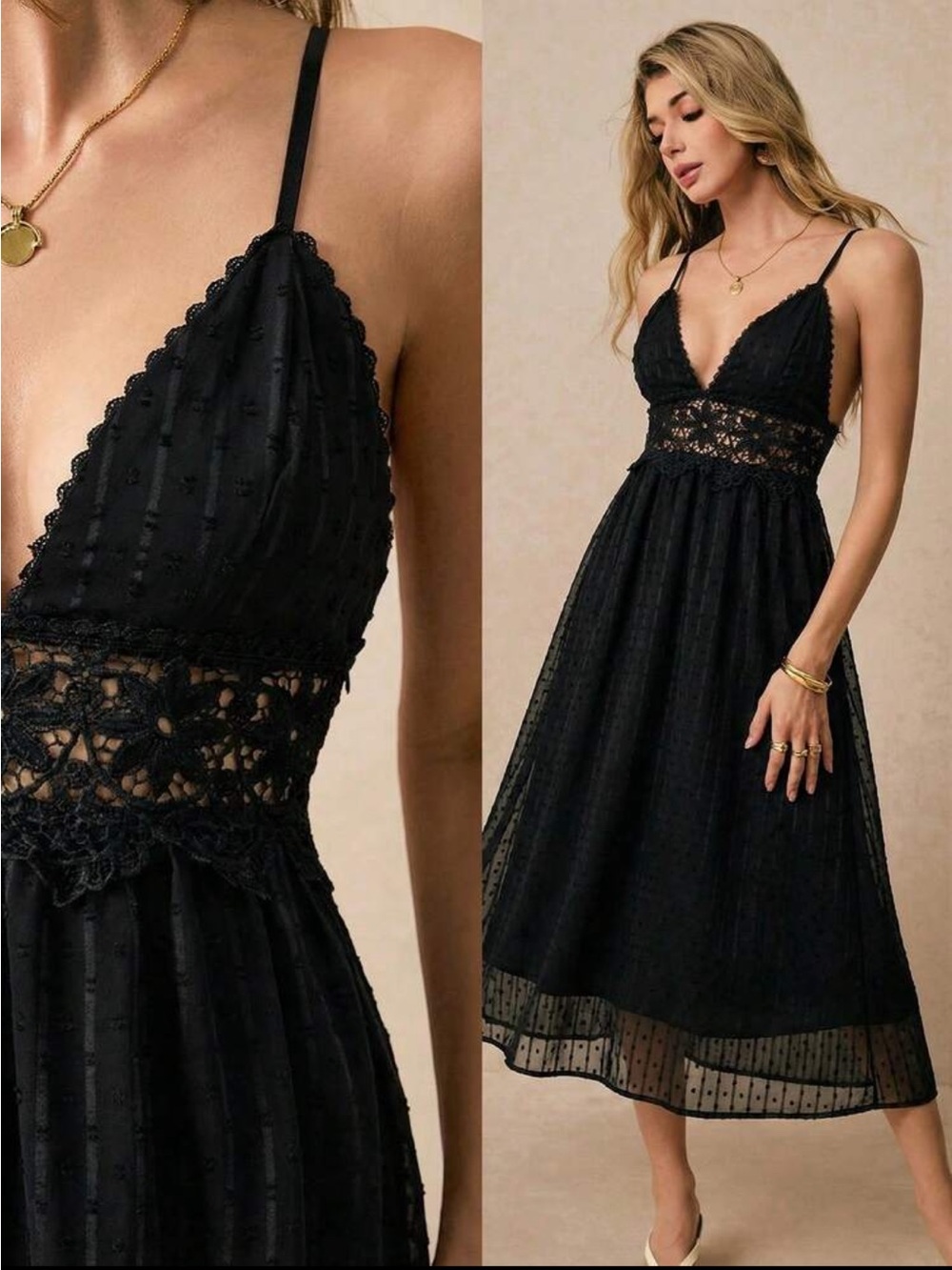 Boho Lace Sheer Mesh Lace Trim Cami Top Midi Dress Black